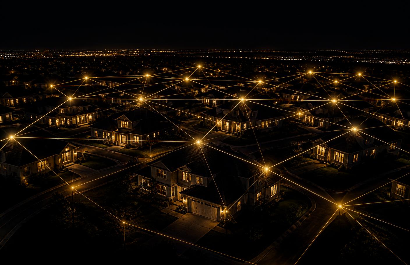 Aerial view of a neighborhood connected by fiber network lines